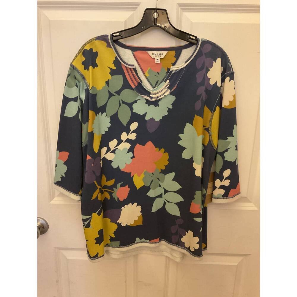 NEW TRU LUXE women's notched neck top in blue